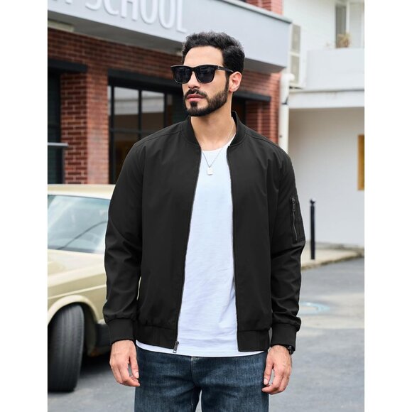 🆕Men Khaki Bomber Jacket Lightweight Casual Spring Fall Windbreaker Zip Up Coat - Picture 6 of 6